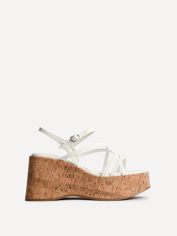 Linzi White Faux Lizard Strappy Cork Flatform Sandal
