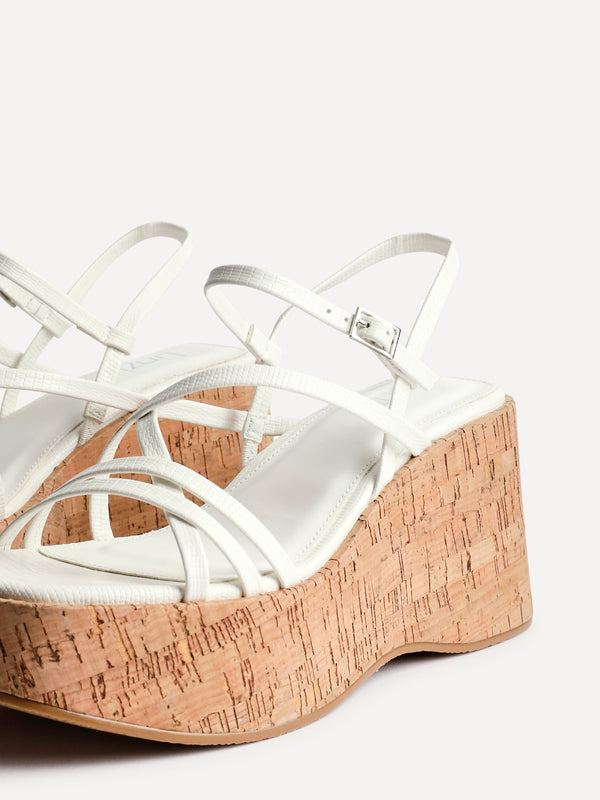 Linzi White Faux Lizard Strappy Cork Flatform Sandal