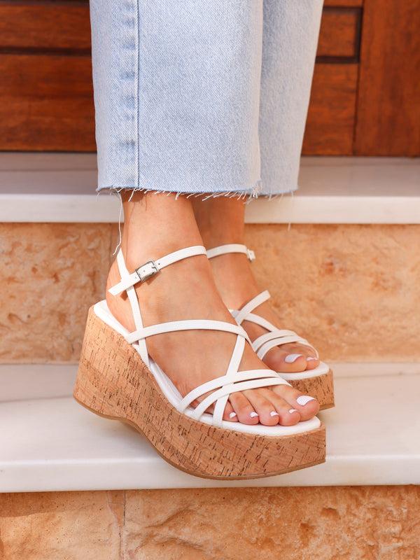 linzi White Faux Lizard Strappy Cork Flatform Sandal