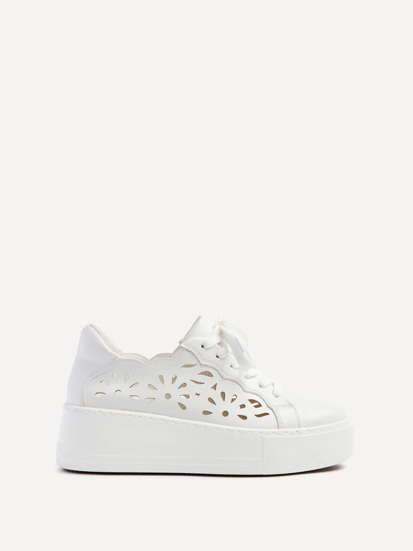 Linzi White Floral Cut Out Faux Leather Platform Trainer