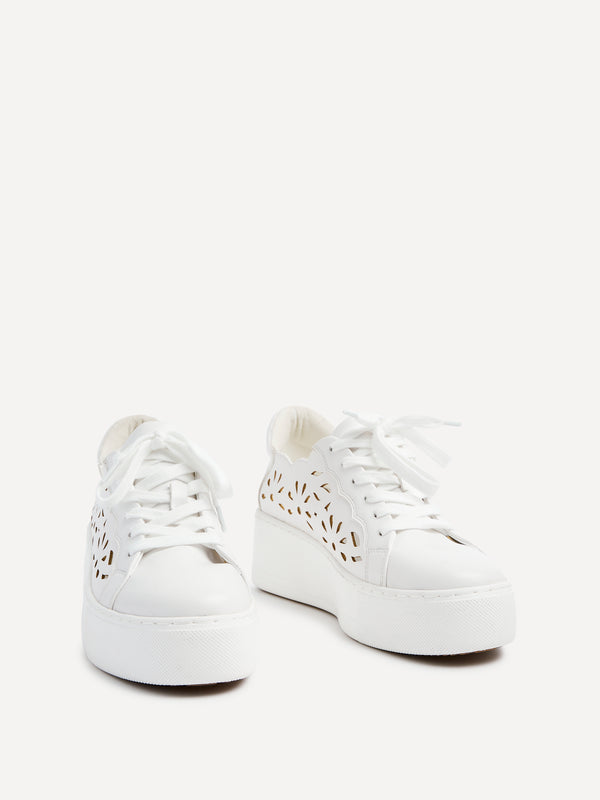Linzi White Floral Cut Out Faux Leather Platform Trainer