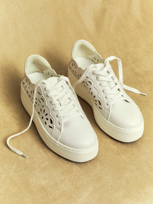 linzi White Floral Cut Out Faux Leather Platform Trainer