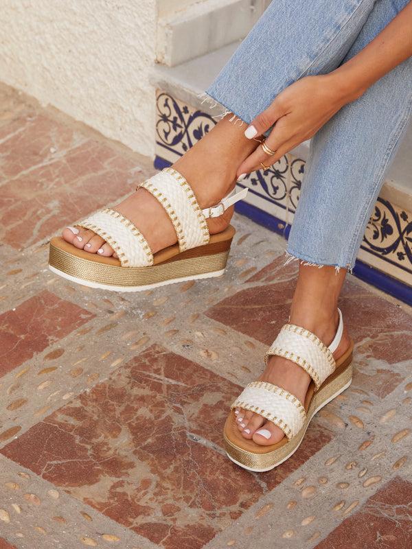 linzi White & Gold Crochet Inspired Two Part Flatform Sandal