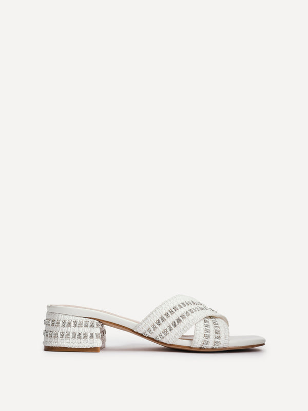Linzi White Raffia Embellished Block Heel Mule Sandal