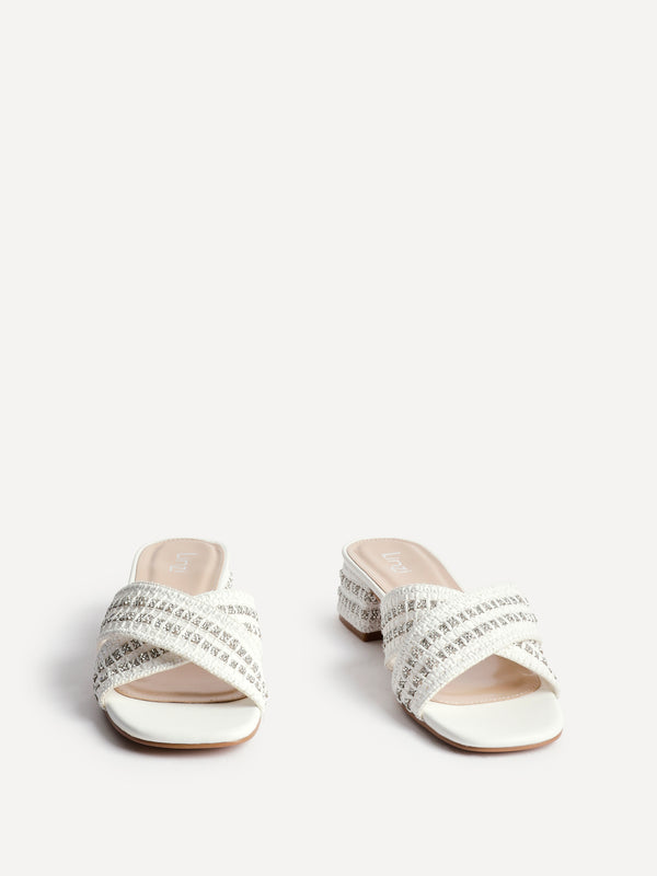 Linzi White Raffia Embellished Block Heel Mule Sandal