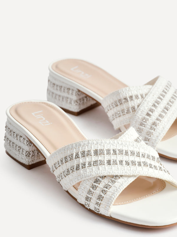 Linzi White Raffia Embellished Block Heel Mule Sandal