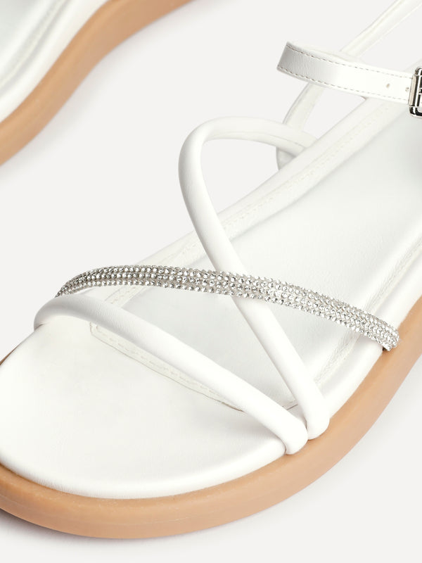Linzi White Strappy Footbed Sandal With Diamante Detail