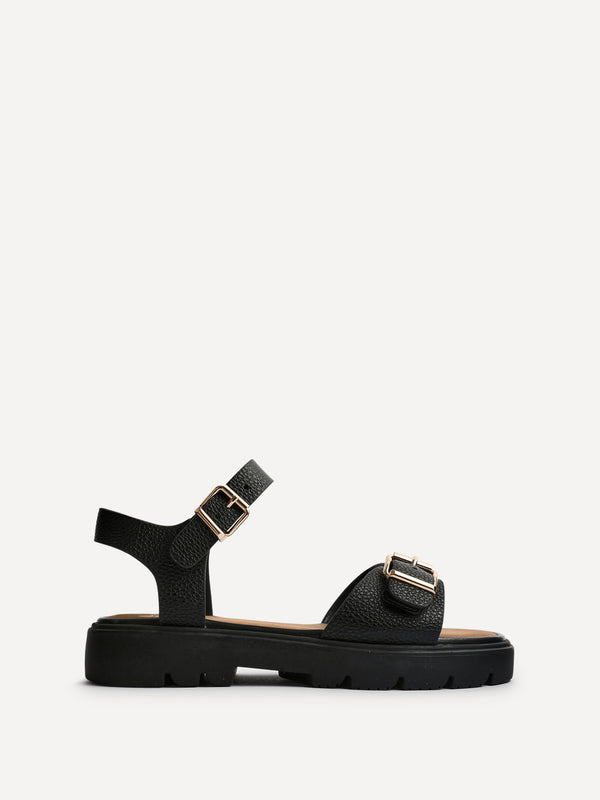 Linzi Wide Fit Black Faux Grain Leather Chunky Sandal With Buckle Detail