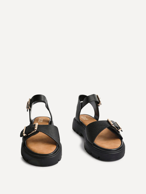 Linzi Wide Fit Black Faux Grain Leather Chunky Sandal With Buckle Detail