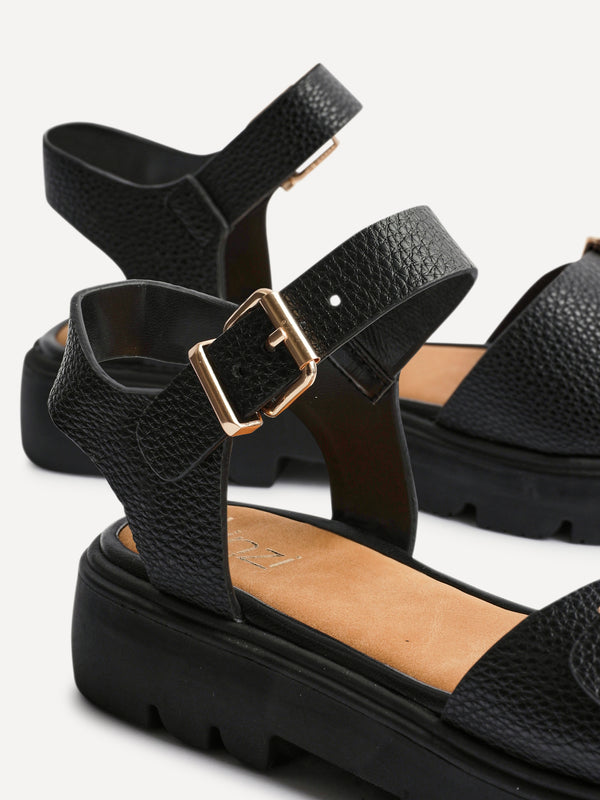 Linzi Wide Fit Black Faux Grain Leather Chunky Sandal With Buckle Detail
