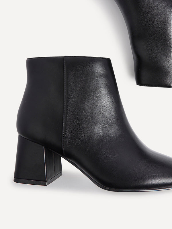 Linzi Wide Fit Black Faux Leather Block Heeled Ankle Boot