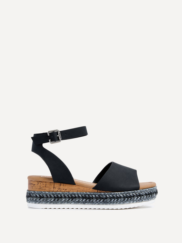 Linzi Wide Fit Black Faux Leather Espadrille Flatform With Plaited Sole