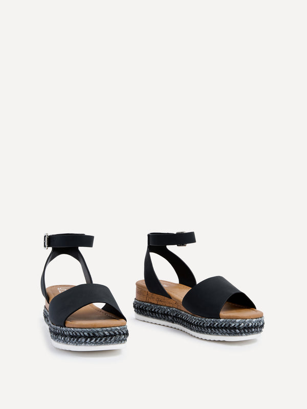 Linzi Wide Fit Black Faux Leather Espadrille Flatform With Plaited Sole