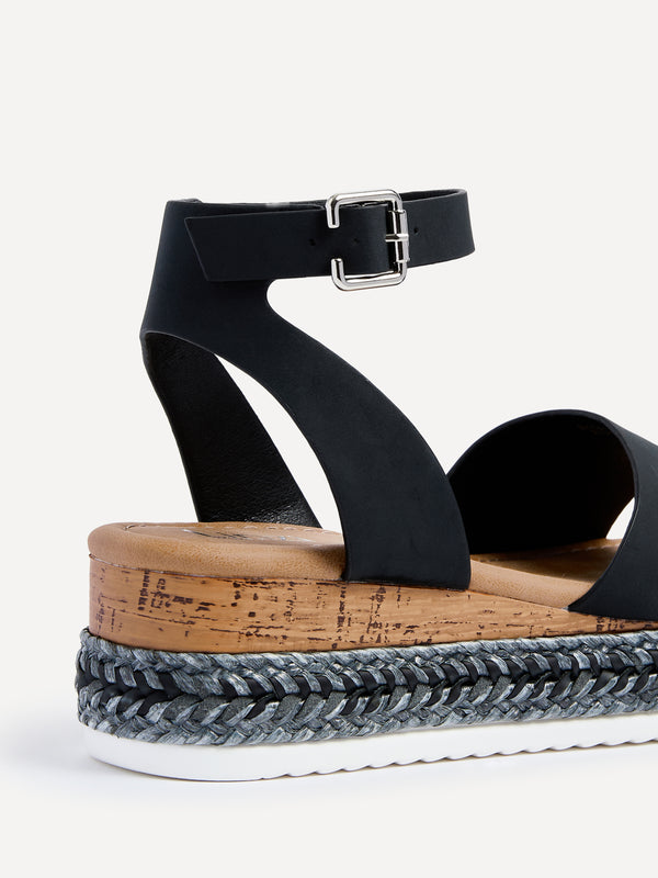 Linzi Wide Fit Black Faux Leather Espadrille Flatform With Plaited Sole