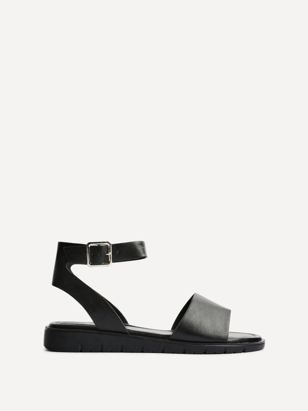 Linzi Wide Fit Black Faux Leather Footbed Two Part Sandal