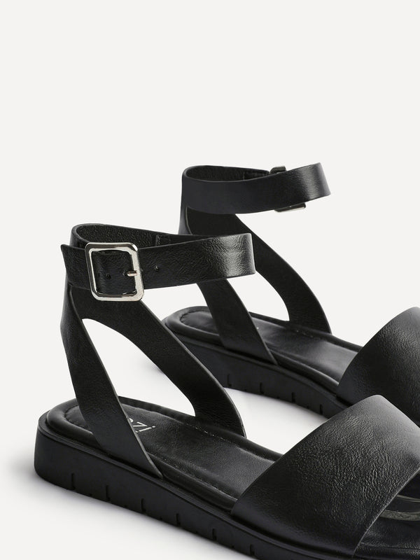 Linzi Wide Fit Black Faux Leather Footbed Two Part Sandal