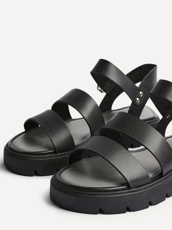 Linzi Wide Fit Black Faux Leather Gladiator Style Two Strap Sandal