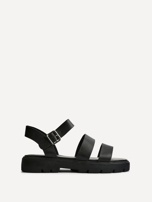 Linzi Wide Fit Black Faux Leather Gladiator Style Two Strap Sandal