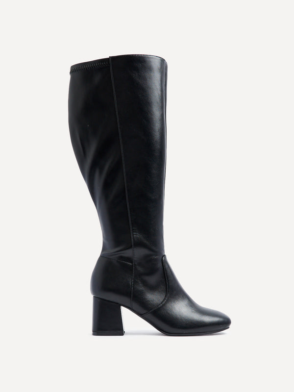 Linzi Wide Fit Black Faux Leather Knee High Block Heeled Boot