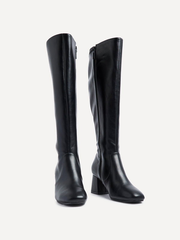 Linzi Wide Fit Black Faux Leather Knee High Block Heeled Boot