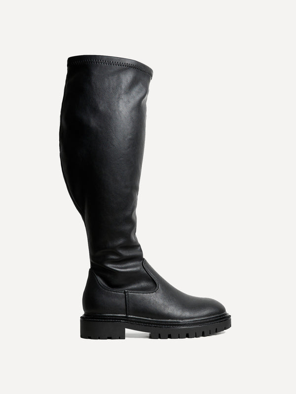 Linzi Wide Fit Black Faux Leather Knee High Stretch Boot