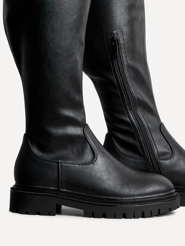 Linzi Wide Fit Black Faux Leather Knee High Stretch Boot