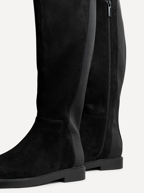 Linzi Wide Fit Black Faux Leather Knee High Stretch Boot