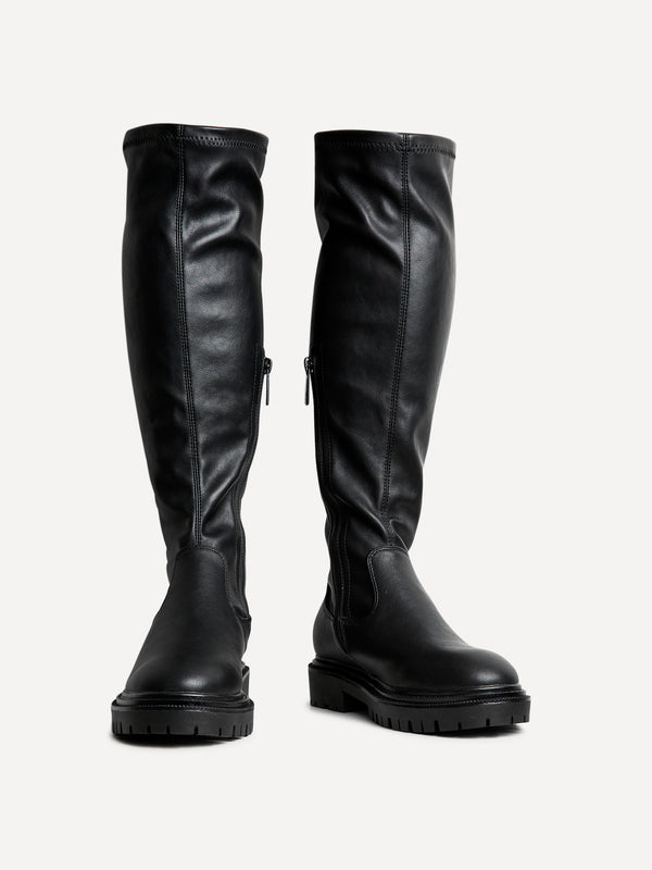 Linzi Wide Fit Black Faux Leather Knee High Stretch Boot