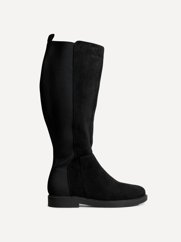 Linzi Wide Fit Black Faux Leather Knee High Stretch Boot