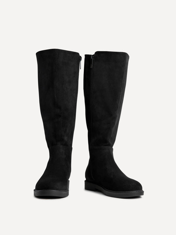 Linzi Wide Fit Black Faux Leather Knee High Stretch Boot