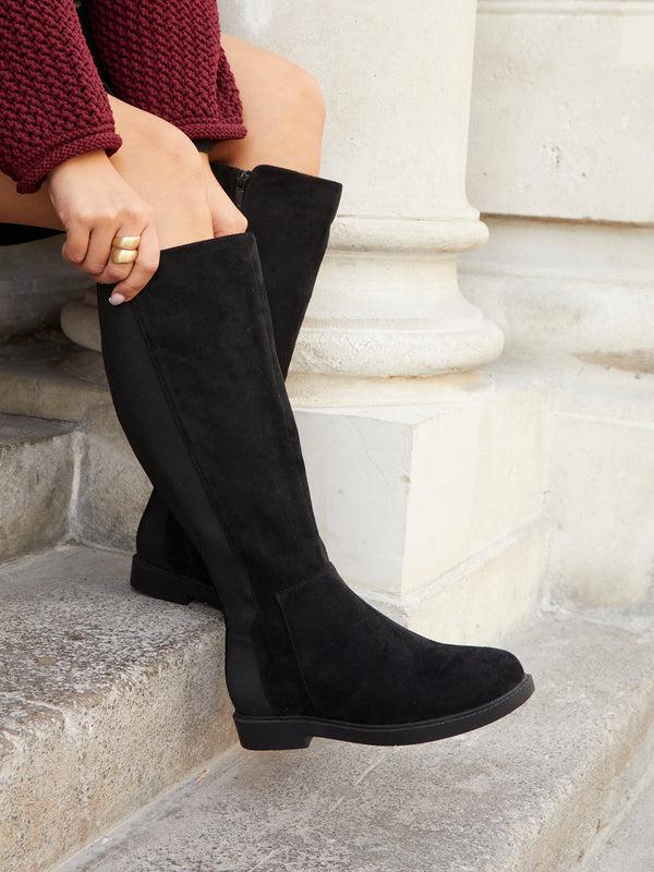 linzi Wide Fit Black Faux Leather Knee High Stretch Boot