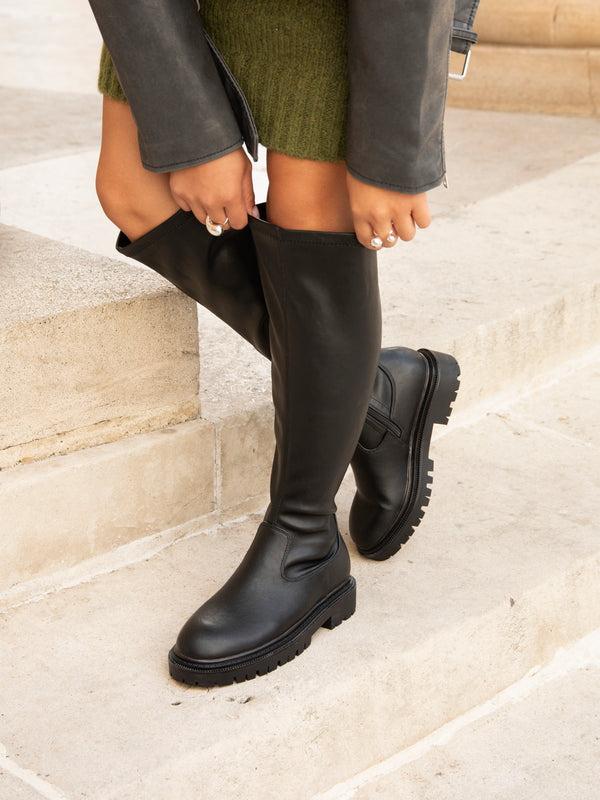 linzi Wide Fit Black Faux Leather Knee High Stretch Boot