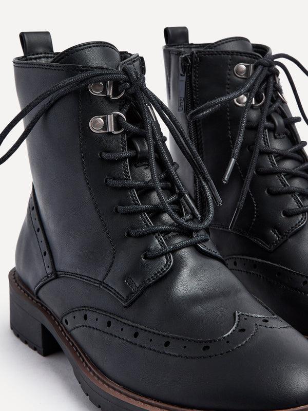 Linzi Wide Fit Black Faux Leather Lace Up Military Boot