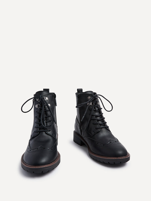 Linzi Wide Fit Black Faux Leather Lace Up Military Boot