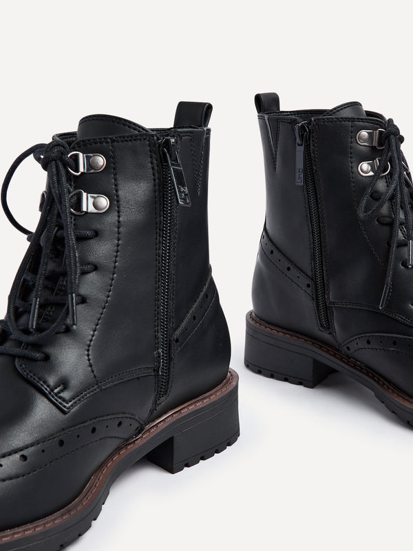 Linzi Wide Fit Black Faux Leather Lace Up Military Boot