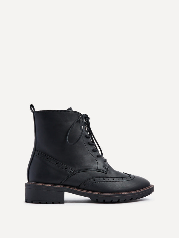 linzi Wide Fit Black Faux Leather Lace Up Military Boot