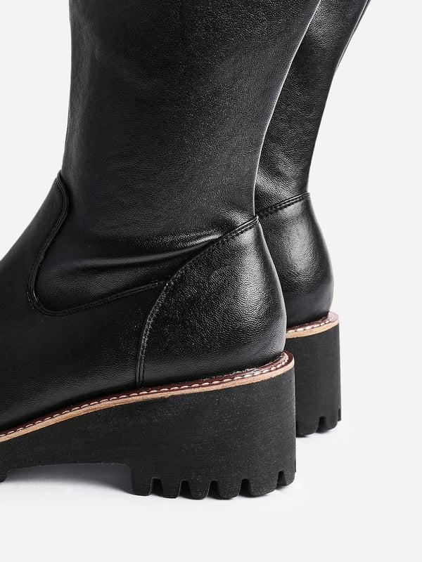 Linzi Wide Fit Black Faux Leather Stretch High Leg Wedge Boot