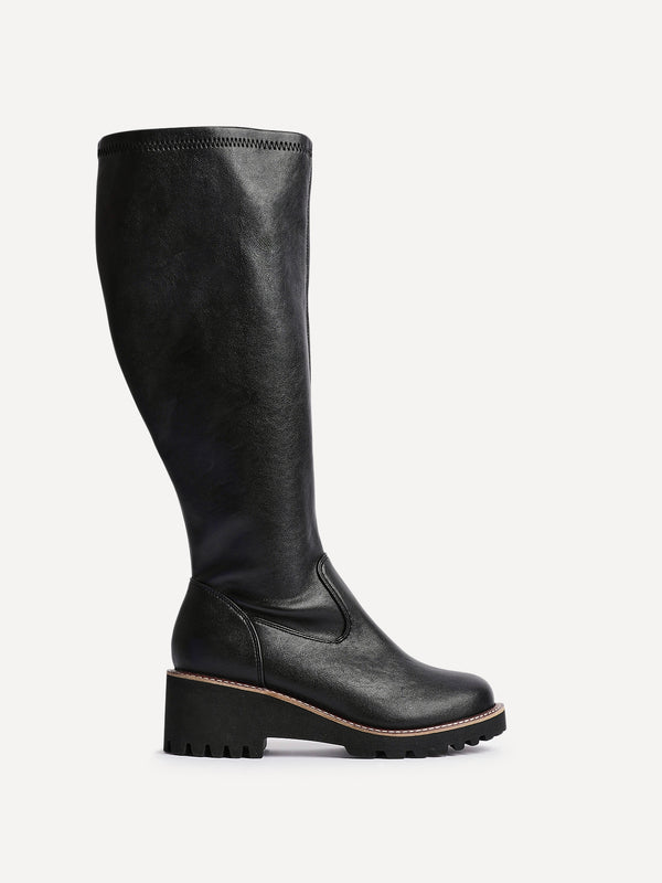 Linzi Wide Fit Black Faux Leather Stretch High Leg Wedge Boot