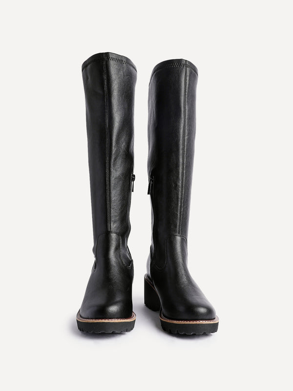 Linzi Wide Fit Black Faux Leather Stretch High Leg Wedge Boot