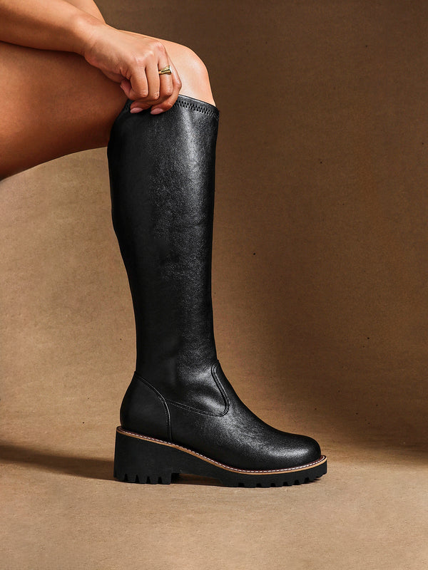 linzi Wide Fit Black Faux Leather Stretch High Leg Wedge Boot