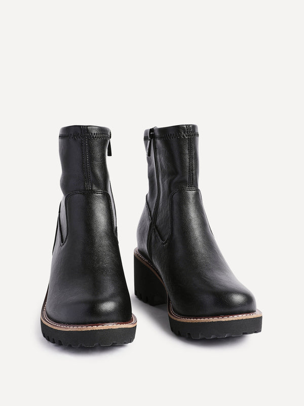 Linzi Wide Fit Black Faux Leather Wedged Heel Ankle Boot