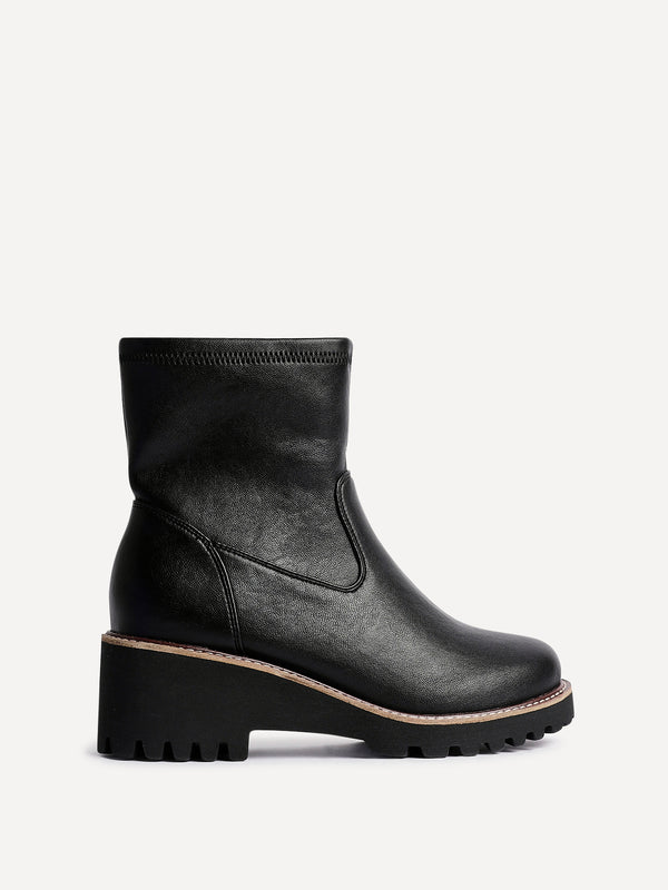 Linzi Wide Fit Black Faux Leather Wedged Heel Ankle Boot