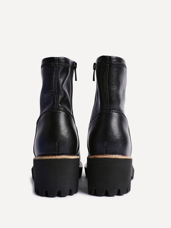 Linzi Wide Fit Black Faux Leather Wedged Heel Ankle Boot