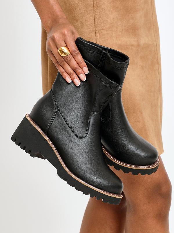 linzi Wide Fit Black Faux Leather Wedged Heel Ankle Boot