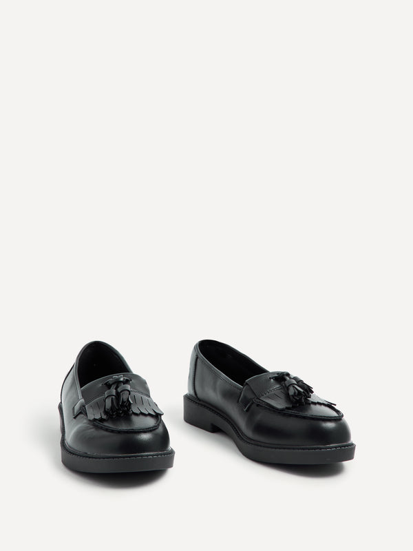 Linzi Wide Fit Black Faux Loafer With Front Tassel And Fringing Detail