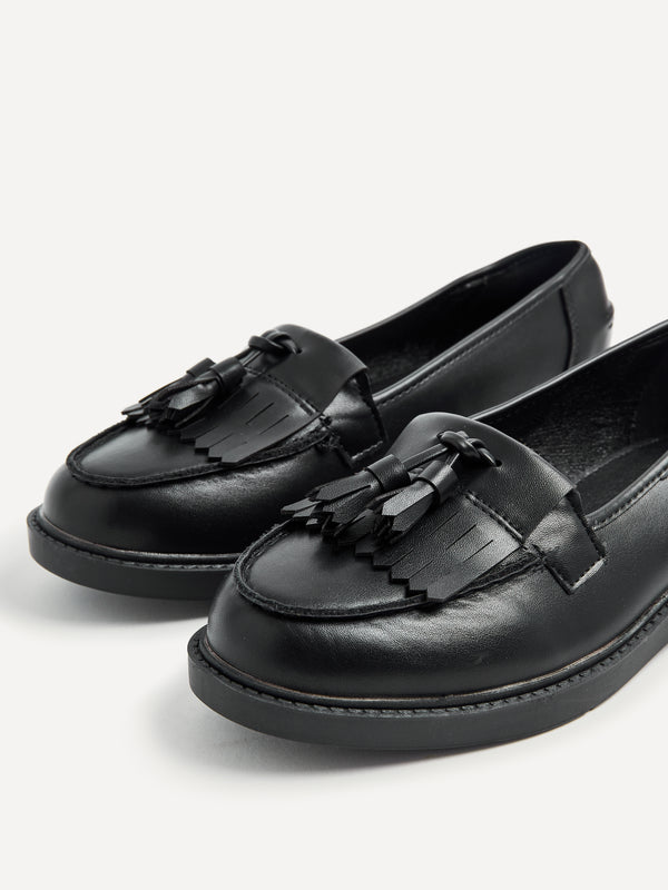 Linzi Wide Fit Black Faux Loafer With Front Tassel And Fringing Detail