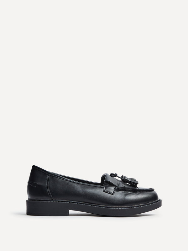 linzi Wide Fit Black Faux Loafer With Front Tassel And Fringing Detail