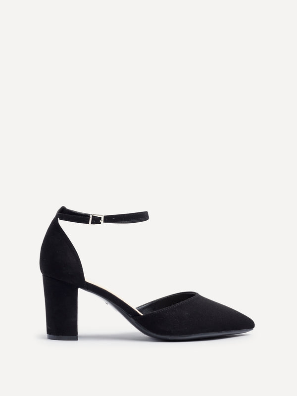 Linzi Wide Fit Black Faux Suede Court Heel With Ankle Strap