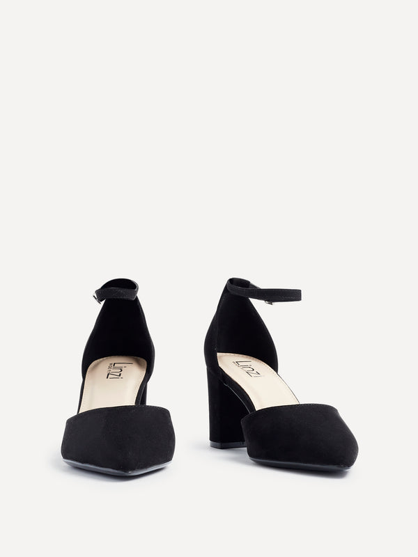 Linzi Wide Fit Black Faux Suede Court Heel With Ankle Strap