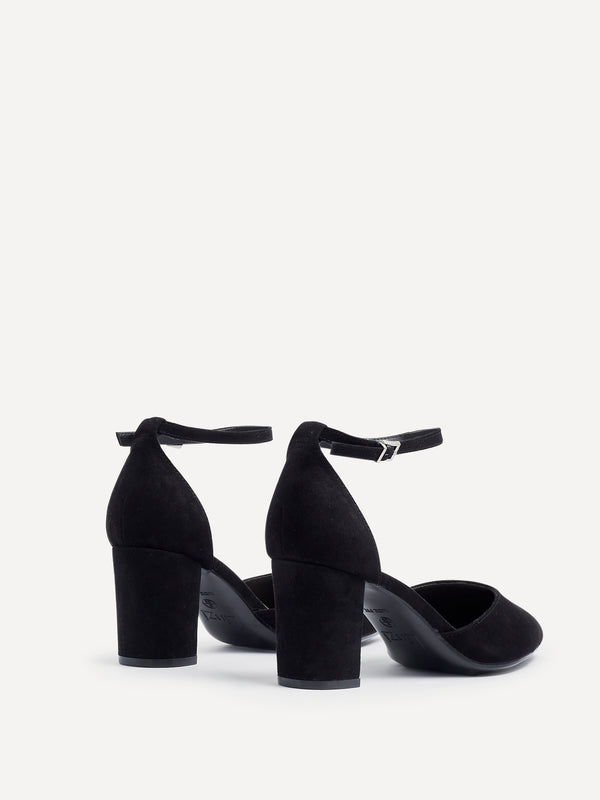 Linzi Wide Fit Black Faux Suede Court Heel With Ankle Strap